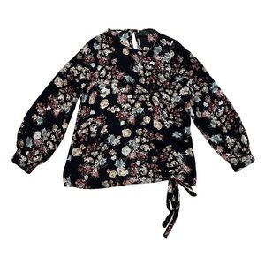 Halogen Blouse Top Black Floral Print Red Blue XS